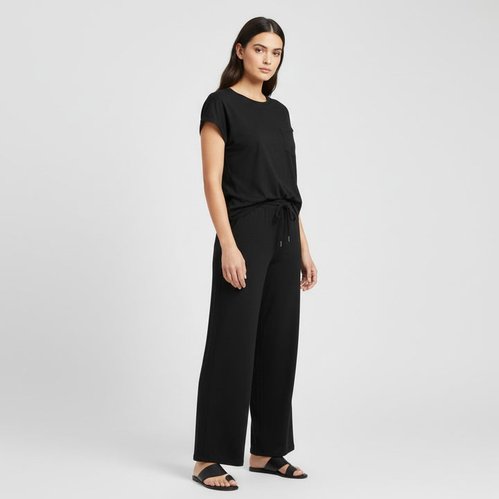 Casual Two-Piece Pants Suit with Round Neck and Pocket-Bon Voyage Vintage
