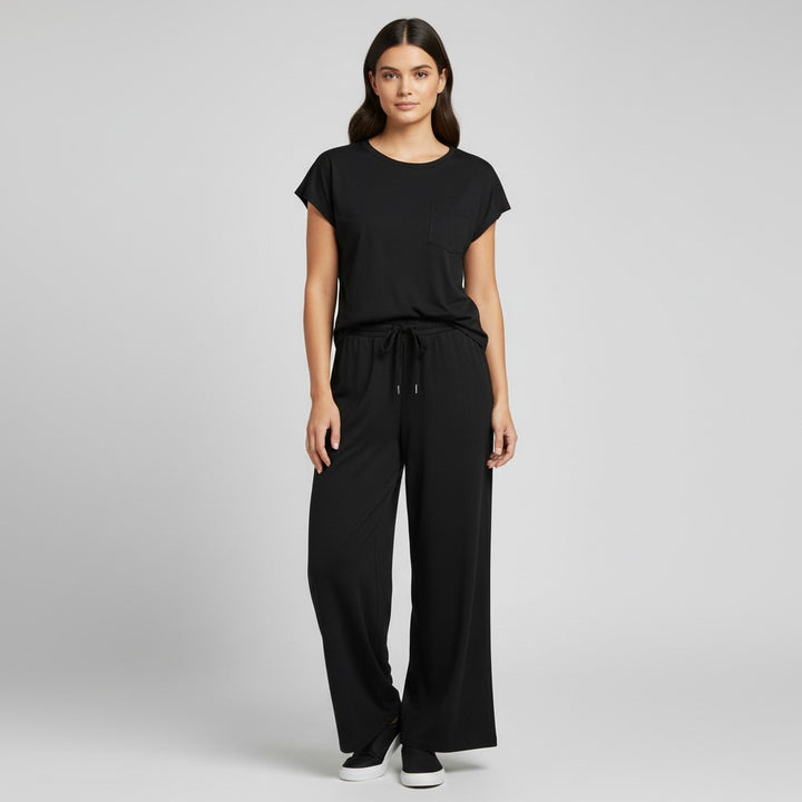 Casual Two-Piece Pants Suit with Round Neck and Pocket-Bon Voyage Vintage