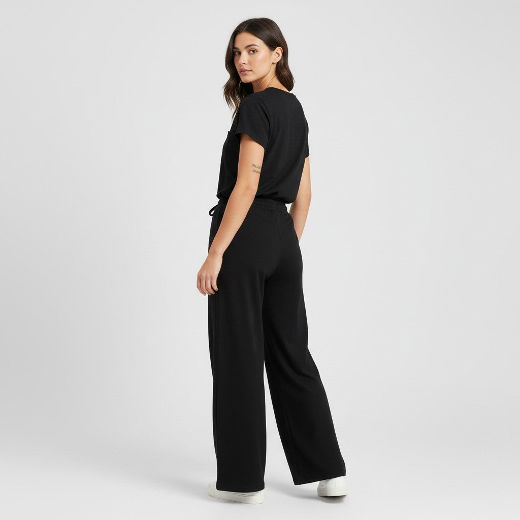 Casual Two-Piece Pants Suit with Round Neck and Pocket-Bon Voyage Vintage