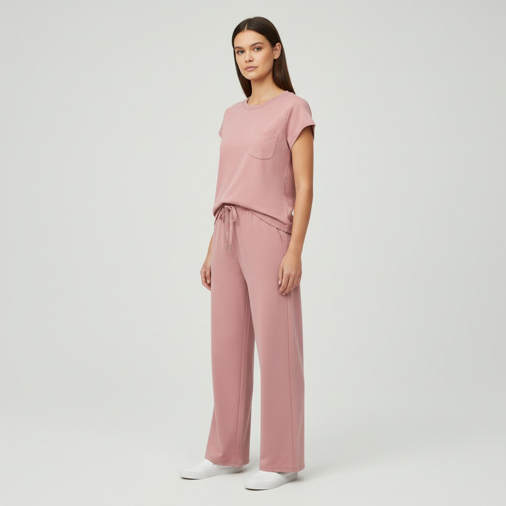 Casual Two-Piece Pants Suit with Round Neck and Pocket-Bon Voyage Vintage