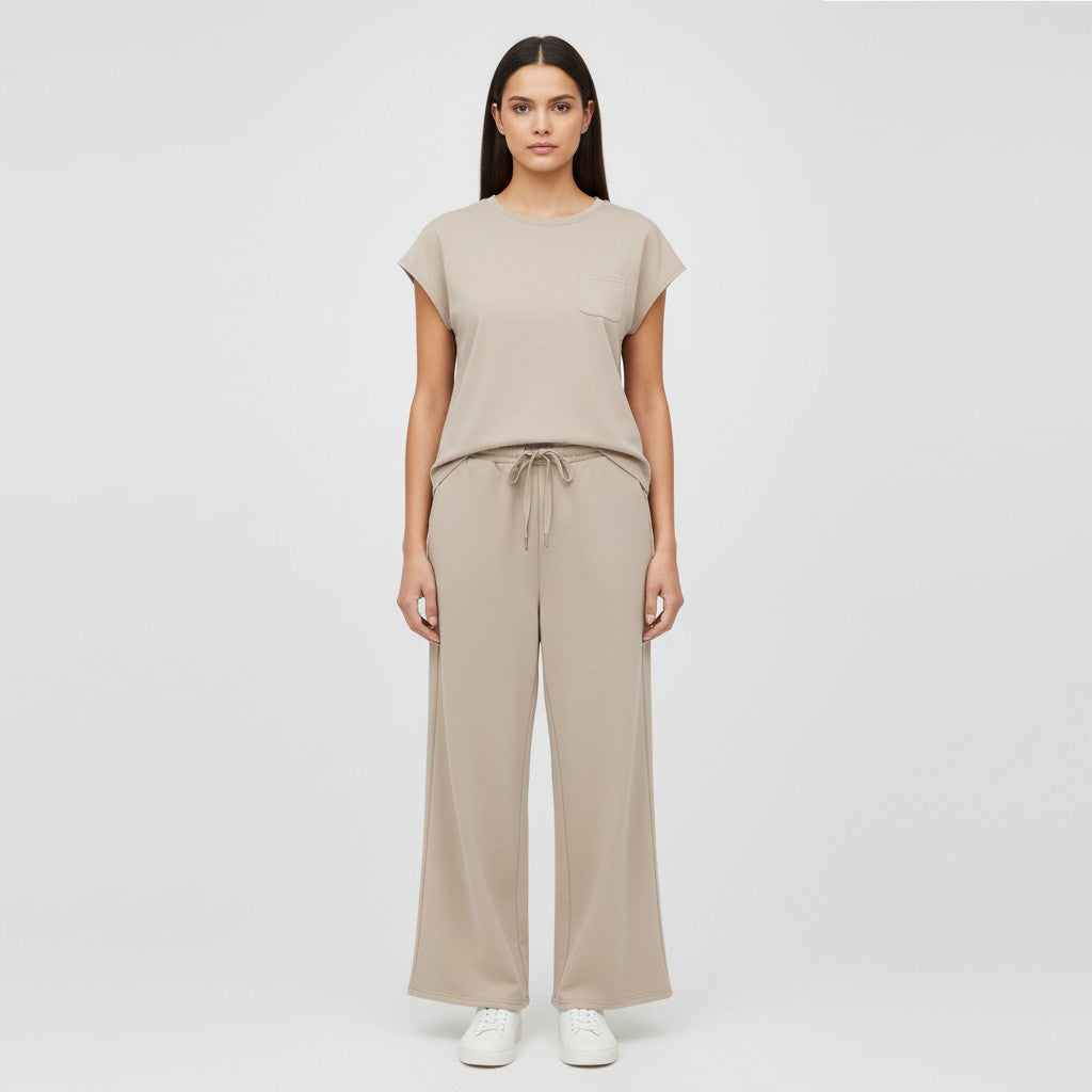 Casual Two-Piece Pants Suit with Round Neck and Pocket-Bon Voyage Vintage