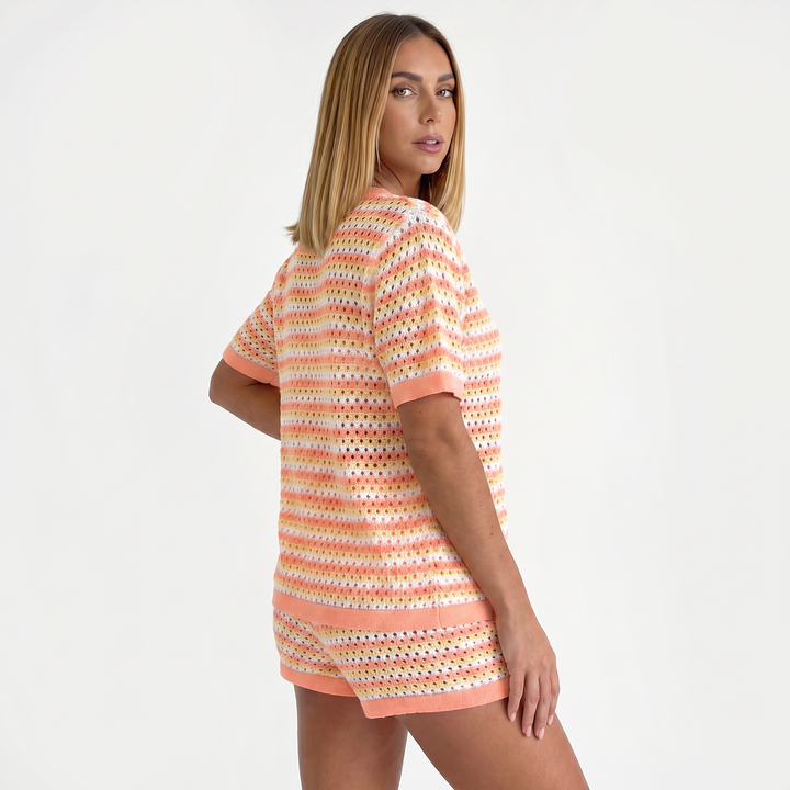 Knitted Striped Button Cardigan and Shorts Two Piece Set-Bon Voyage Vintage