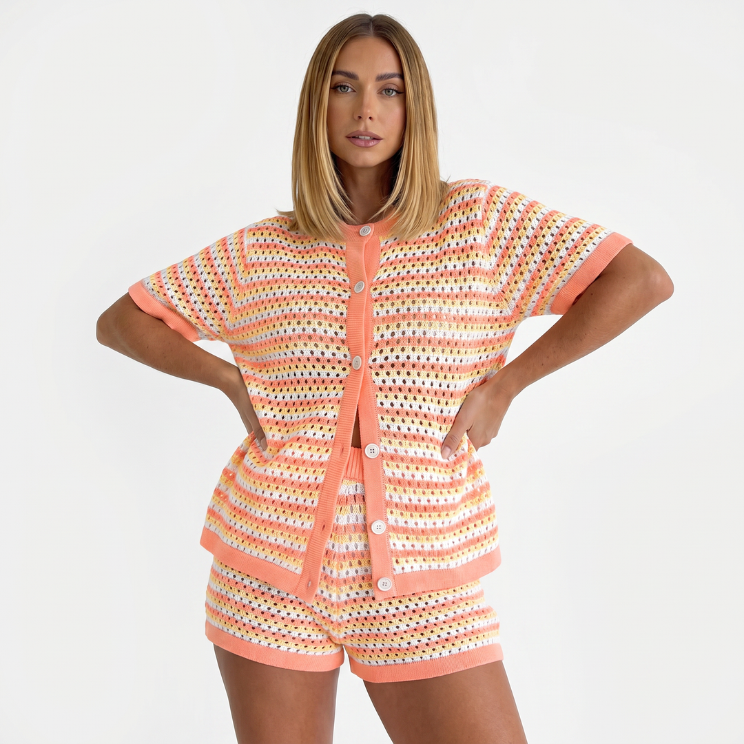 Knitted Striped Button Cardigan and Shorts Two Piece Set-Bon Voyage Vintage