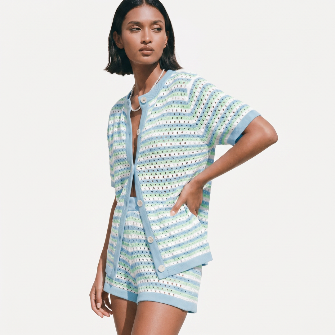 Knitted Striped Button Cardigan and Shorts Two Piece Set-Bon Voyage Vintage