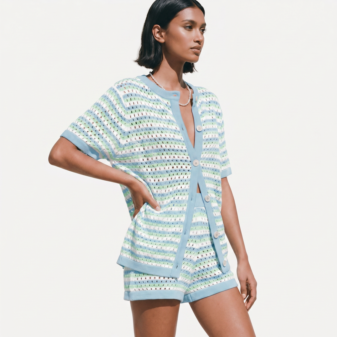 Knitted Striped Button Cardigan and Shorts Two Piece Set-Bon Voyage Vintage