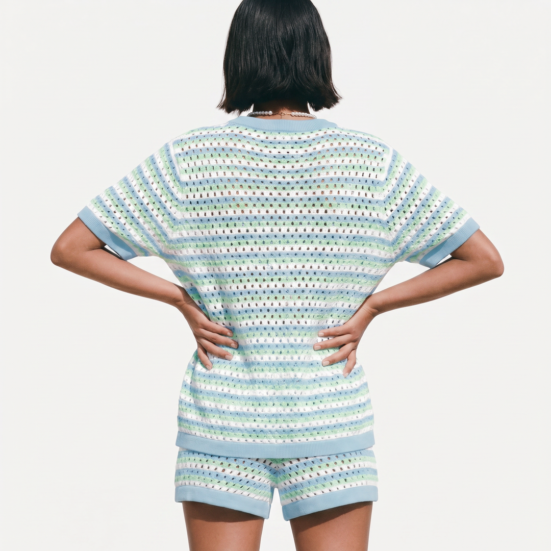 Knitted Striped Button Cardigan and Shorts Two Piece Set-Bon Voyage Vintage