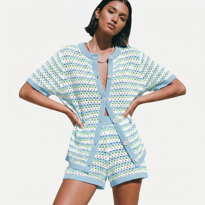 Knitted Striped Button Cardigan and Shorts Two Piece Set-Bon Voyage Vintage