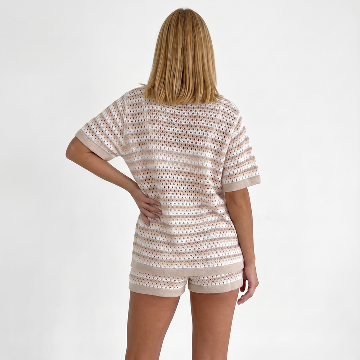 Knitted Striped Button Cardigan and Shorts Two Piece Set-Bon Voyage Vintage