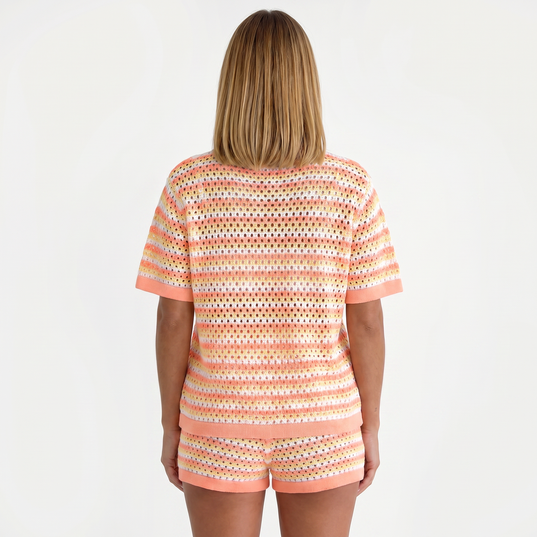 Knitted Striped Button Cardigan and Shorts Two Piece Set-Bon Voyage Vintage