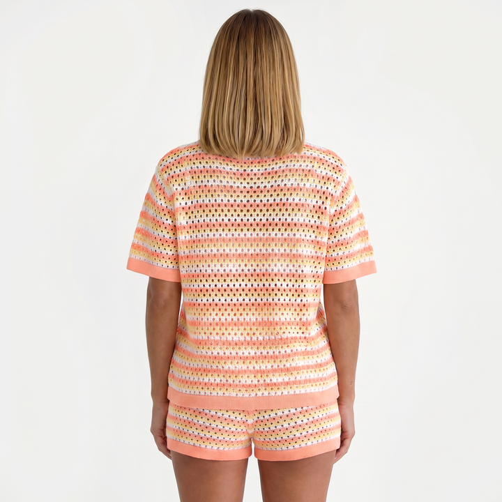 Knitted Striped Button Cardigan and Shorts Two Piece Set-Bon Voyage Vintage