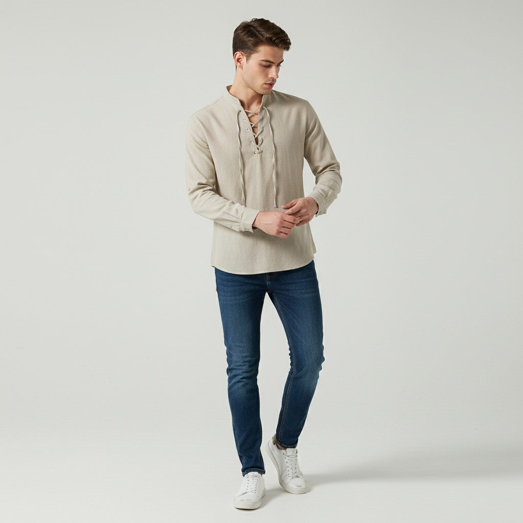 Men’s Elegant V-Neck Shirt Lace-Up Casual Fall Top-Bon Voyage Vintage
