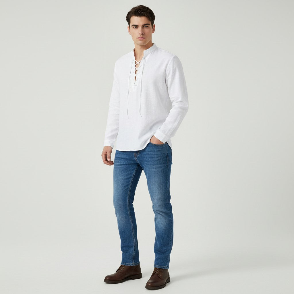 Men’s Elegant V-Neck Shirt Lace-Up Casual Fall Top-Bon Voyage Vintage