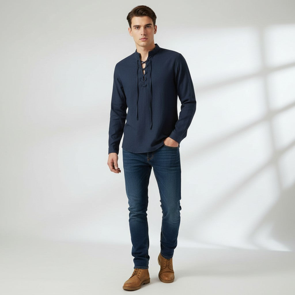 Men’s Elegant V-Neck Shirt Lace-Up Casual Fall Top-Bon Voyage Vintage