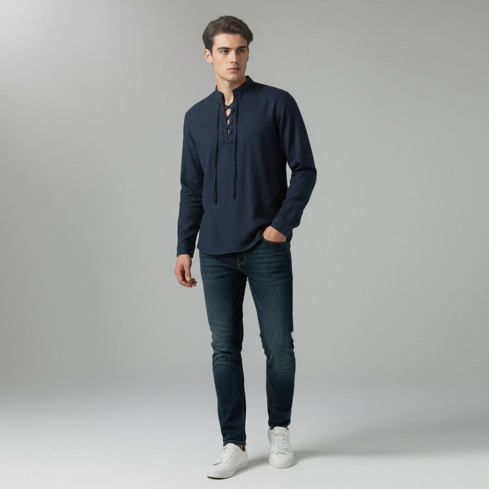 Men’s Elegant V-Neck Shirt Lace-Up Casual Fall Top-Bon Voyage Vintage