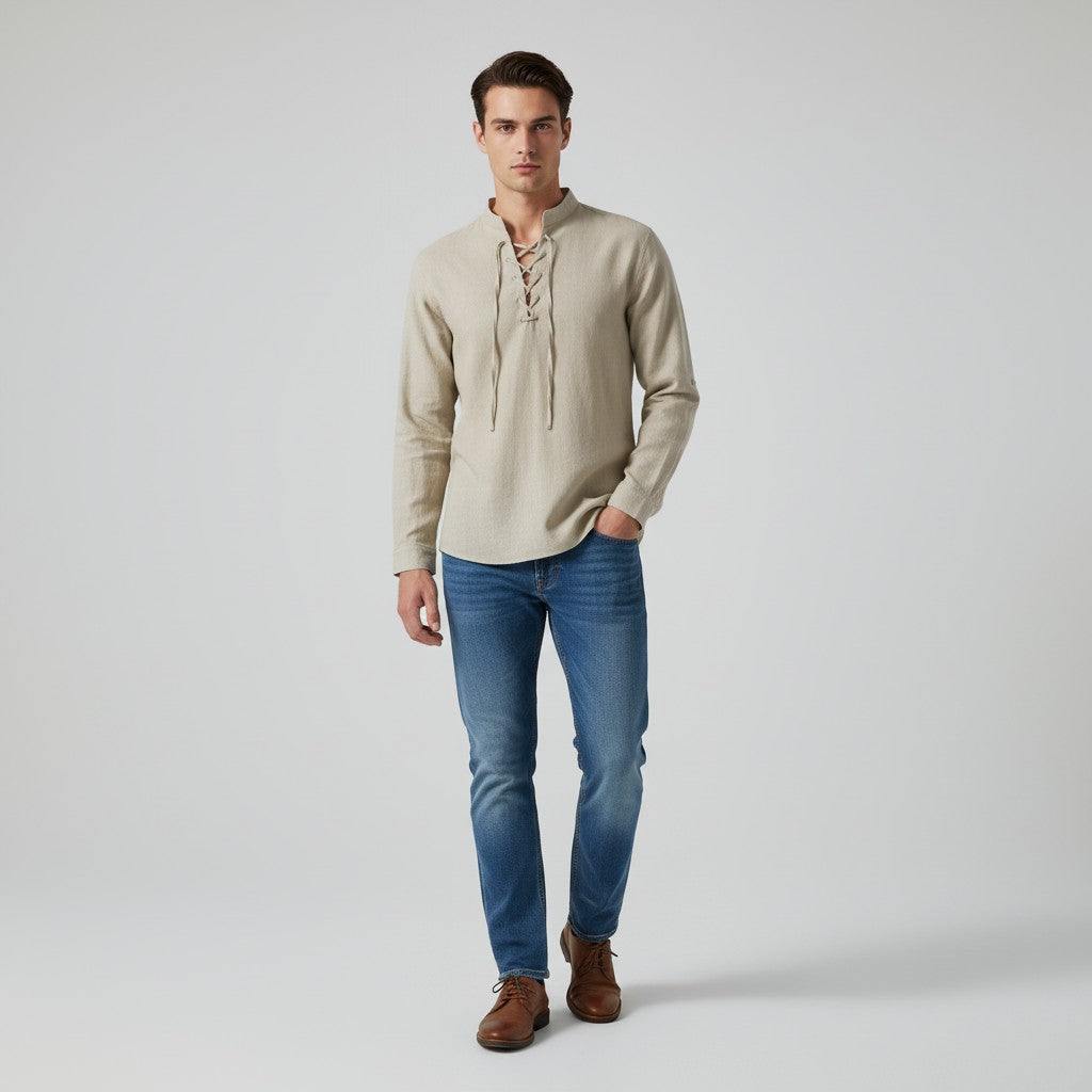Men’s Elegant V-Neck Shirt Lace-Up Casual Fall Top-Bon Voyage Vintage