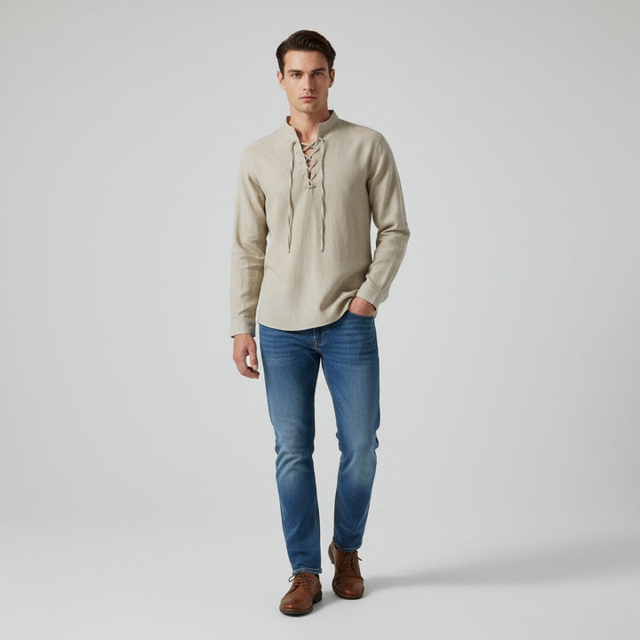 Men’s Elegant V-Neck Shirt Lace-Up Casual Fall Top-Bon Voyage Vintage