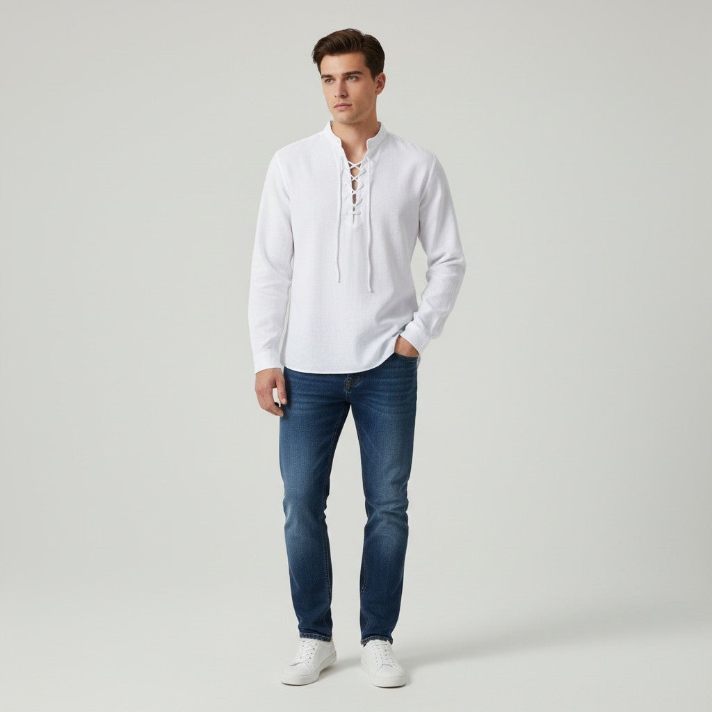 Men’s Elegant V-Neck Shirt Lace-Up Casual Fall Top-Bon Voyage Vintage