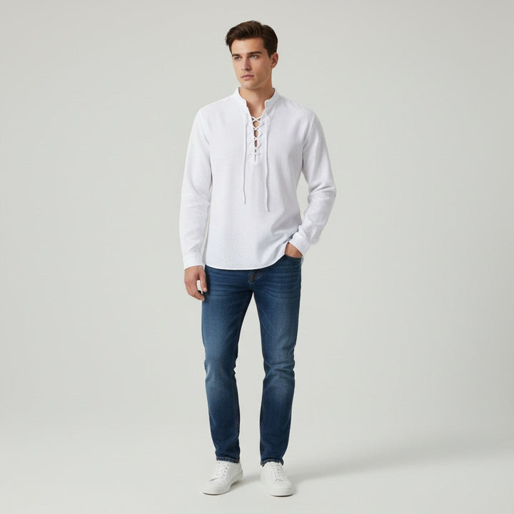 Men’s Elegant V-Neck Shirt Lace-Up Casual Fall Top-Bon Voyage Vintage