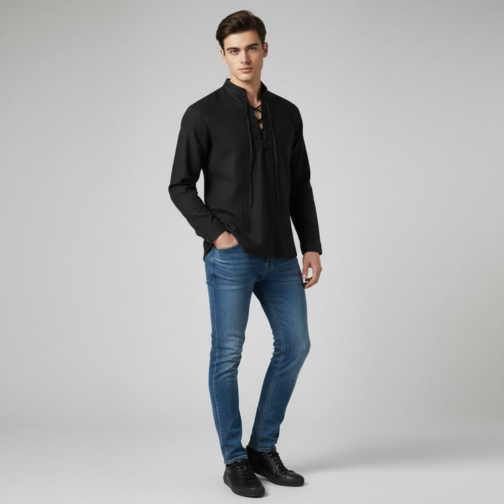 Men’s Elegant V-Neck Shirt Lace-Up Casual Fall Top-Bon Voyage Vintage