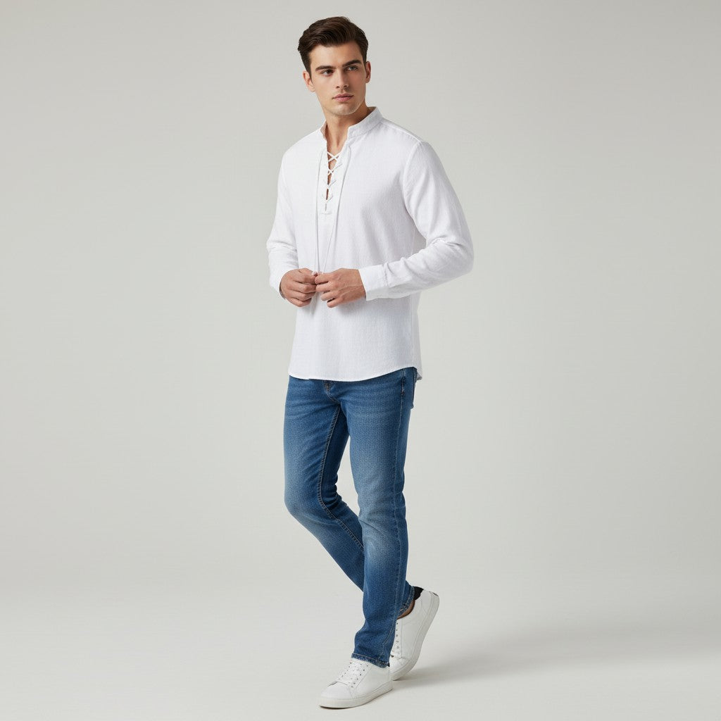 Men’s Elegant V-Neck Shirt Lace-Up Casual Fall Top-Bon Voyage Vintage