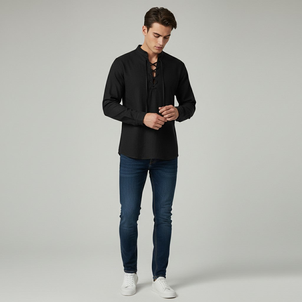 Men’s Elegant V-Neck Shirt Lace-Up Casual Fall Top-Bon Voyage Vintage