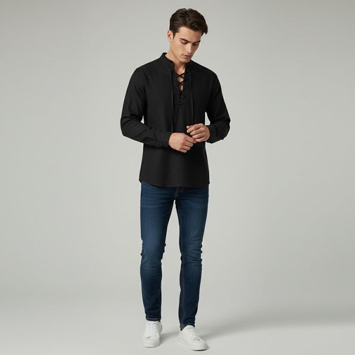 Men’s Elegant V-Neck Shirt Lace-Up Casual Fall Top-Bon Voyage Vintage