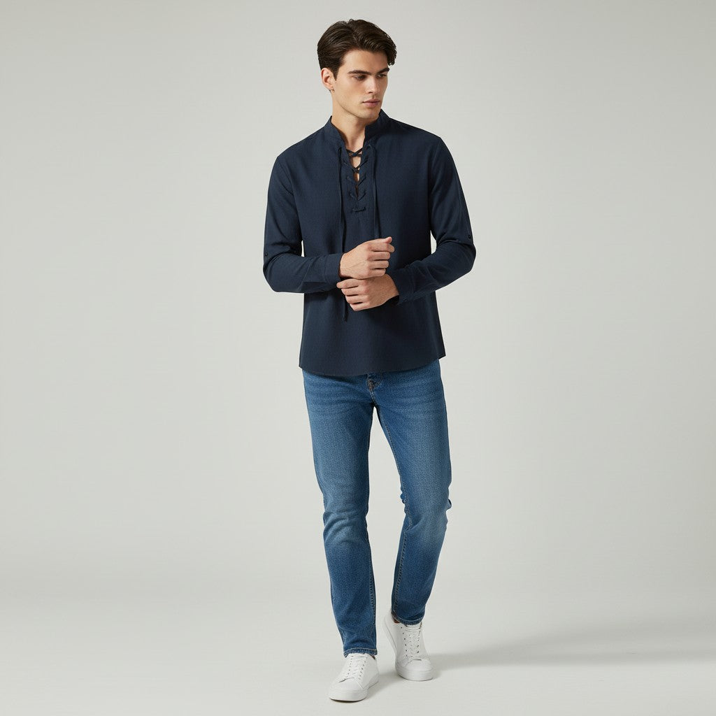 Men’s Elegant V-Neck Shirt Lace-Up Casual Fall Top-Bon Voyage Vintage