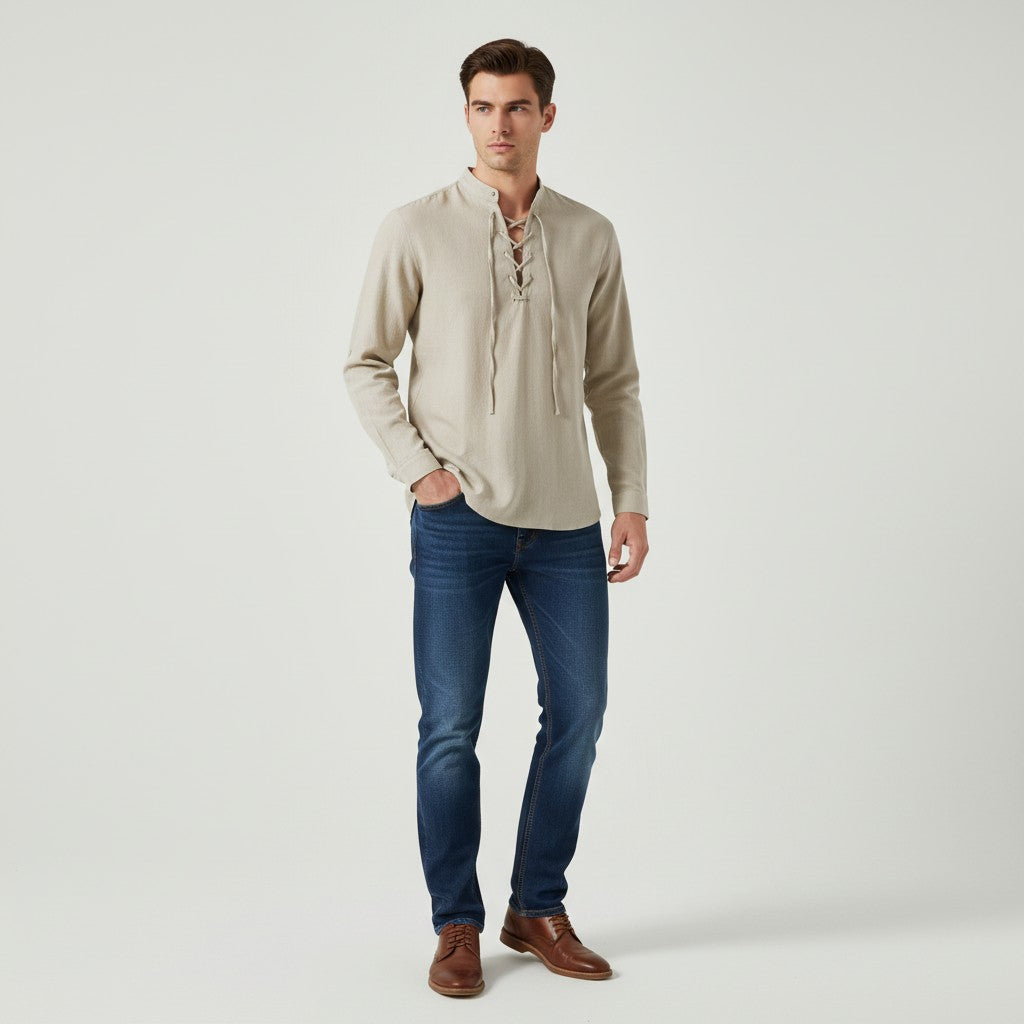 Men’s Elegant V-Neck Shirt Lace-Up Casual Fall Top-Bon Voyage Vintage