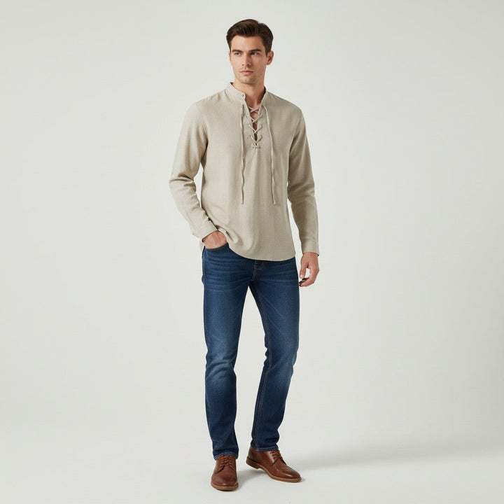 Men’s Elegant V-Neck Shirt Lace-Up Casual Fall Top-Bon Voyage Vintage