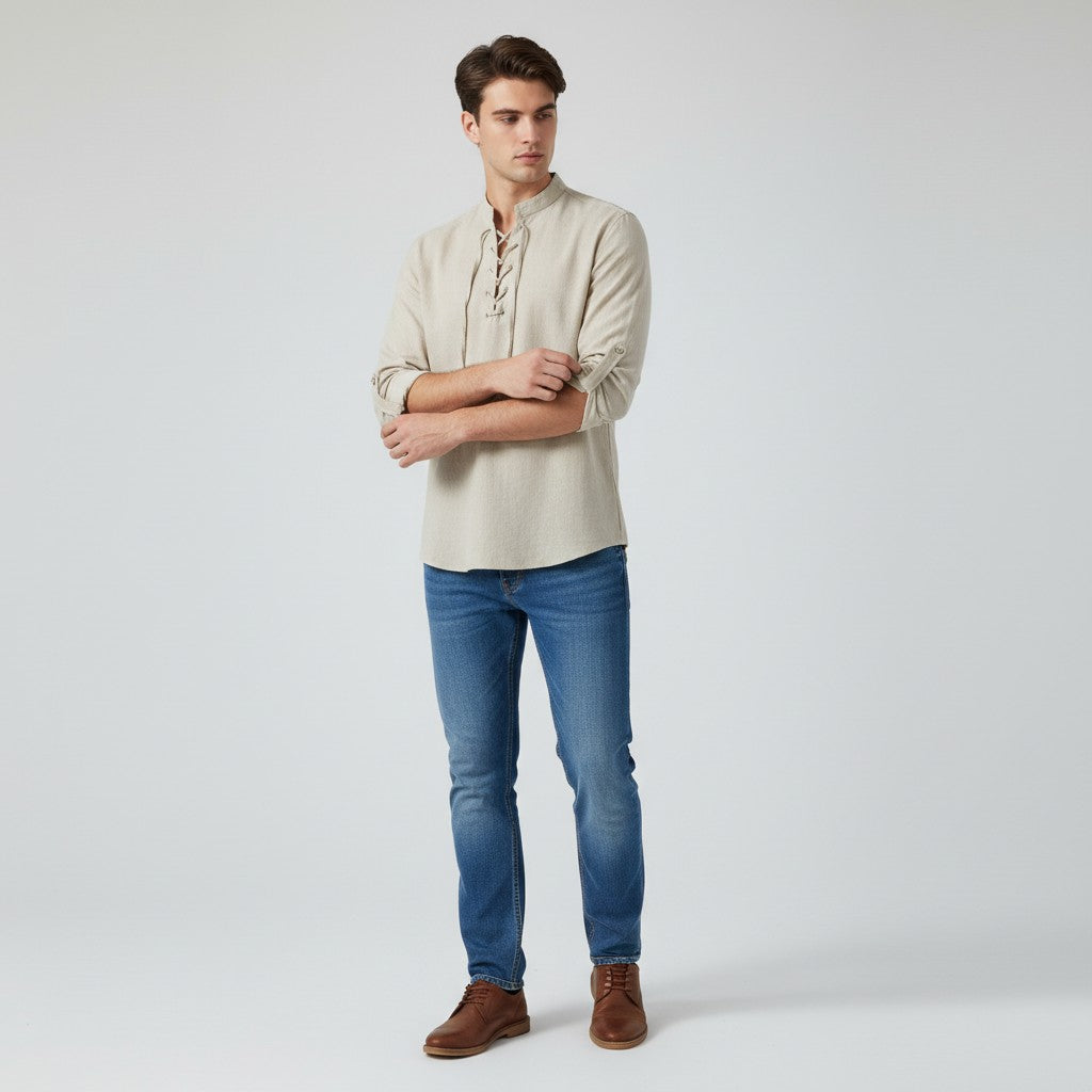 Men’s Elegant V-Neck Shirt Lace-Up Casual Fall Top-Bon Voyage Vintage