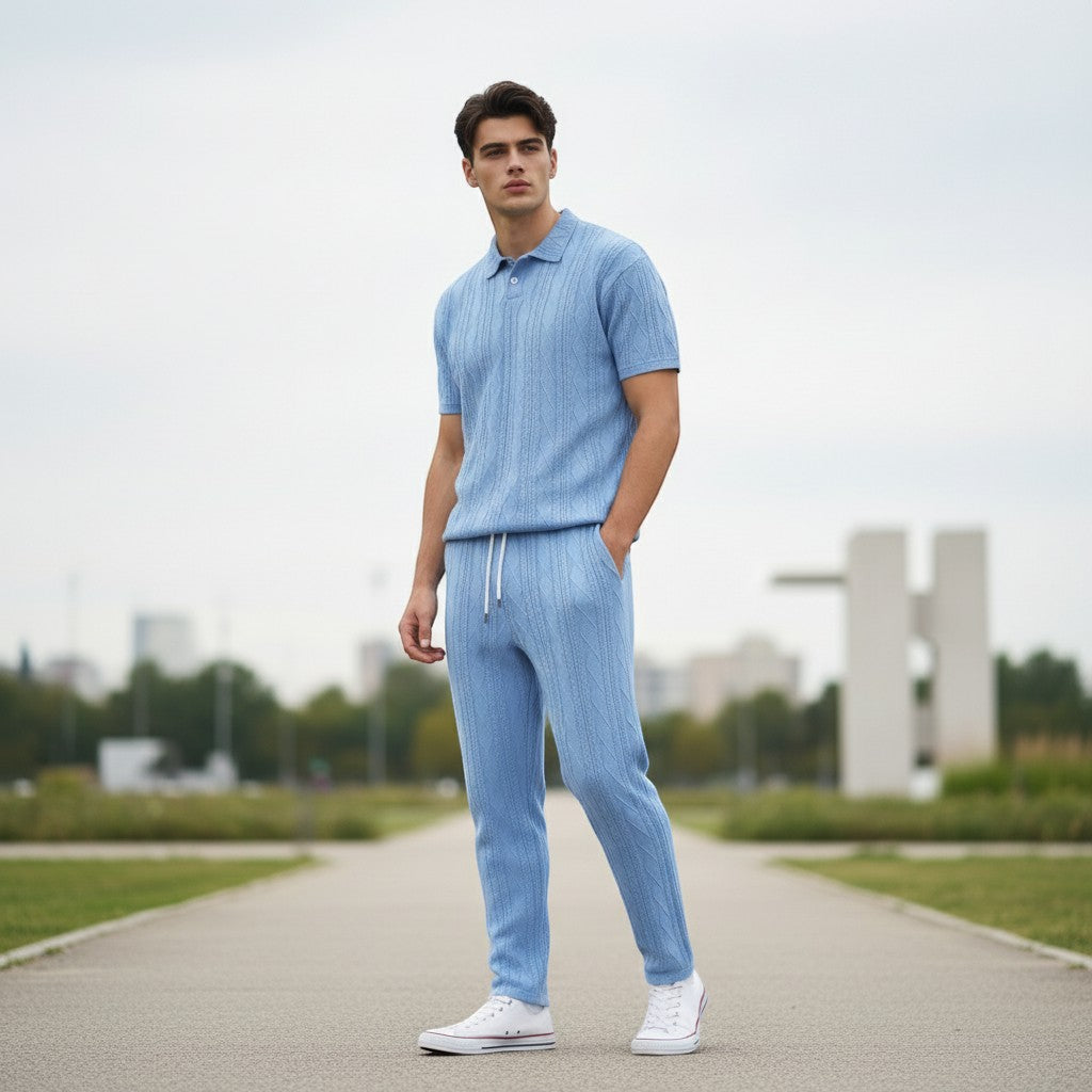 Men’s Jacquard Polo Shirt and Trousers Set-Bon Voyage Vintage