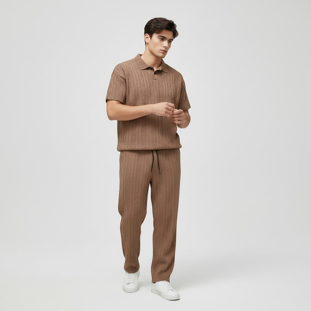 Men’s Jacquard Polo Shirt and Trousers Set-Bon Voyage Vintage