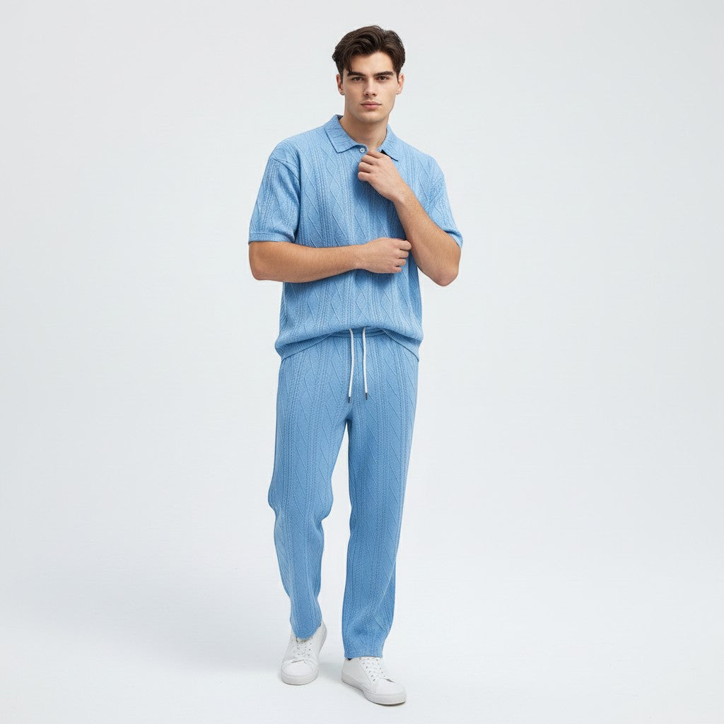 Men’s Jacquard Polo Shirt and Trousers Set-Bon Voyage Vintage