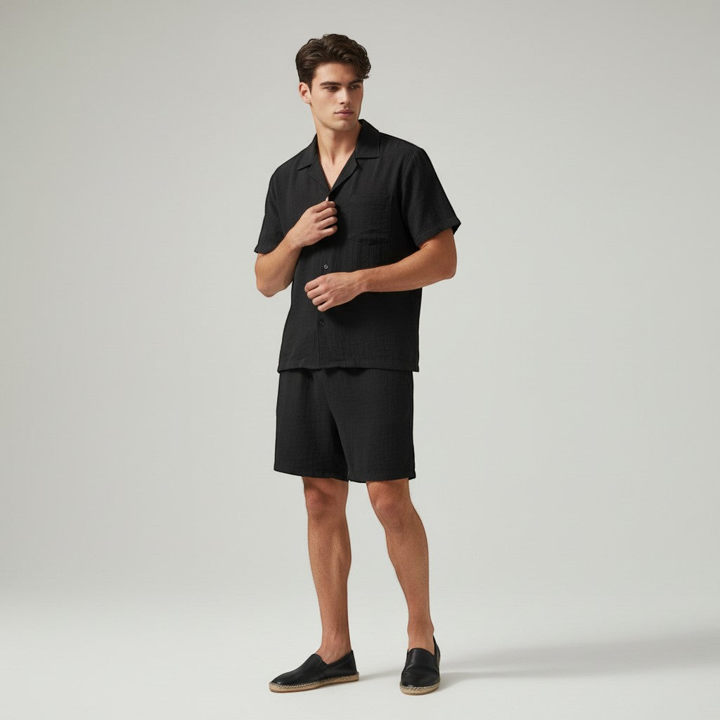 Men’s Lightweight Short Sleeve Shirt and Shorts Set-Bon Voyage Vintage