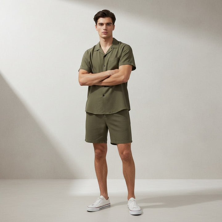 Men’s Lightweight Short Sleeve Shirt and Shorts Set-Bon Voyage Vintage