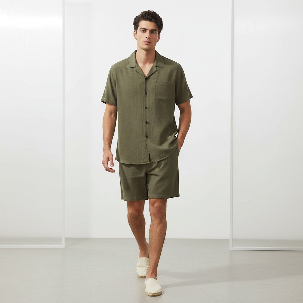Men’s Lightweight Short Sleeve Shirt and Shorts Set-Bon Voyage Vintage