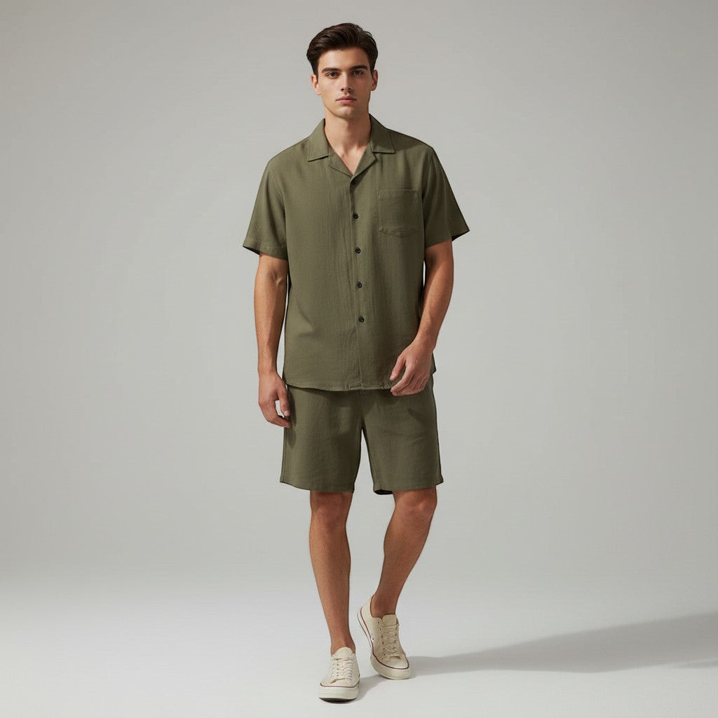 Men’s Lightweight Short Sleeve Shirt and Shorts Set-Bon Voyage Vintage