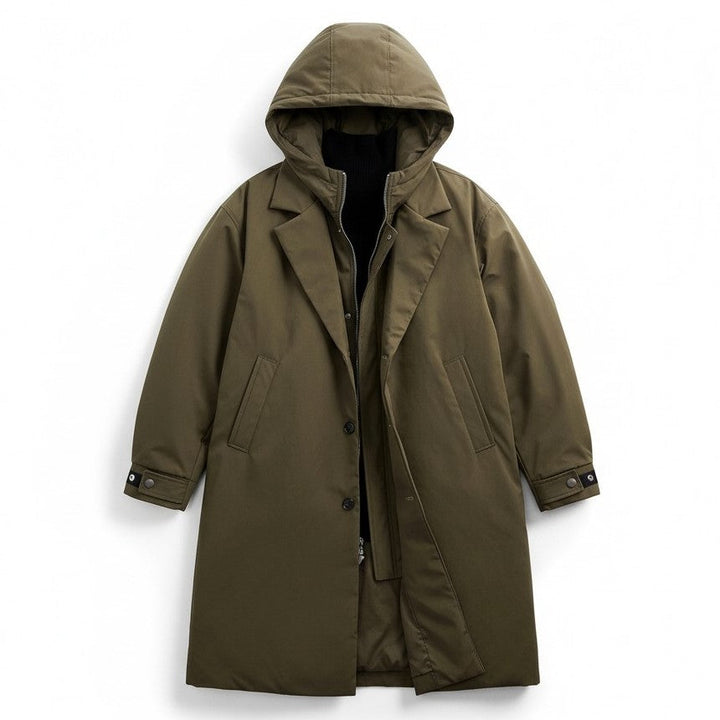 Men’s Long Hooded Puffer Trench Coat Insulated Winter Overcoat-Bon Voyage Vintage