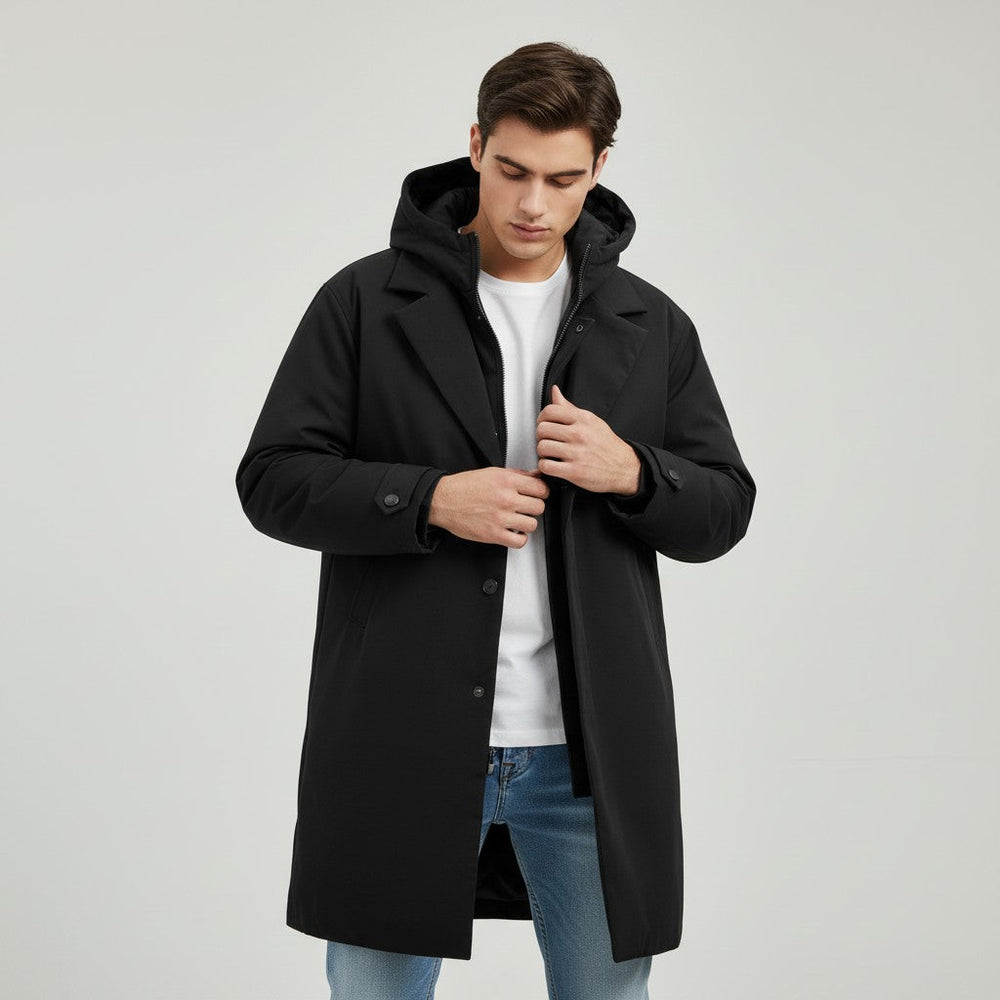 Men’s Long Hooded Puffer Trench Coat Insulated Winter Overcoat-Bon Voyage Vintage