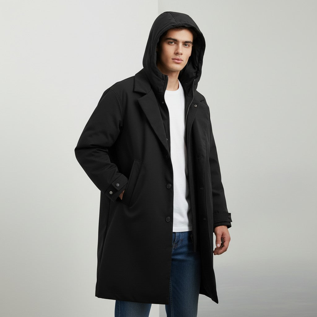 Men’s Long Hooded Puffer Trench Coat Insulated Winter Overcoat-Bon Voyage Vintage