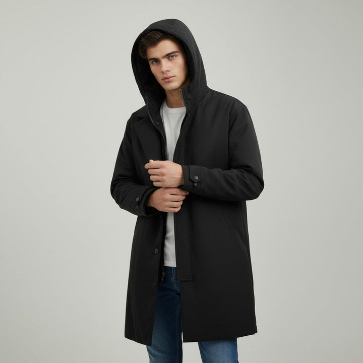 Men’s Long Hooded Puffer Trench Coat Insulated Winter Overcoat-Bon Voyage Vintage