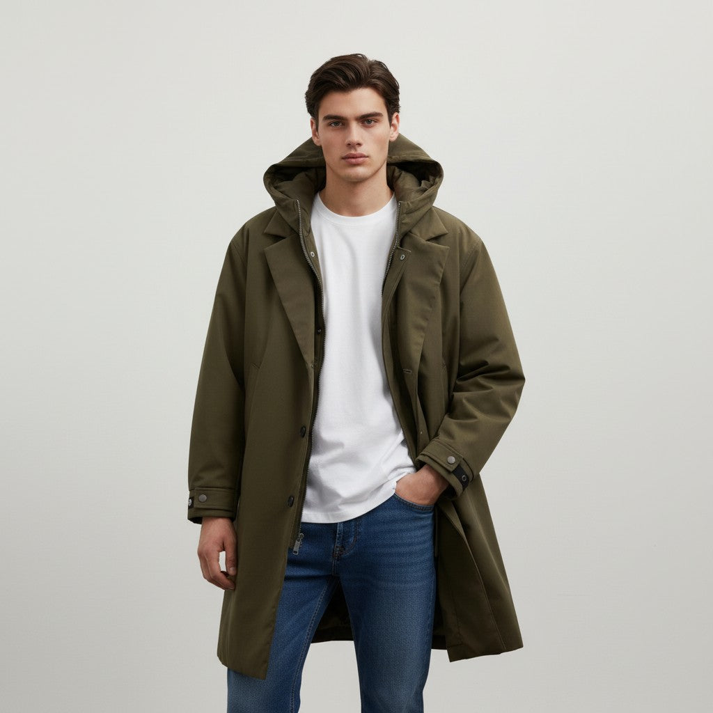 Men’s Long Hooded Puffer Trench Coat Insulated Winter Overcoat-Bon Voyage Vintage
