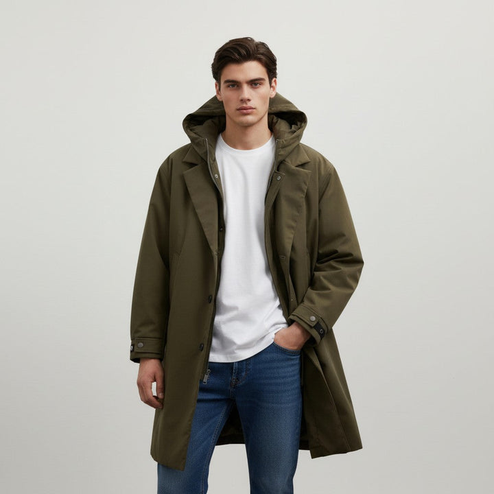 Men’s Long Hooded Puffer Trench Coat Insulated Winter Overcoat-Bon Voyage Vintage