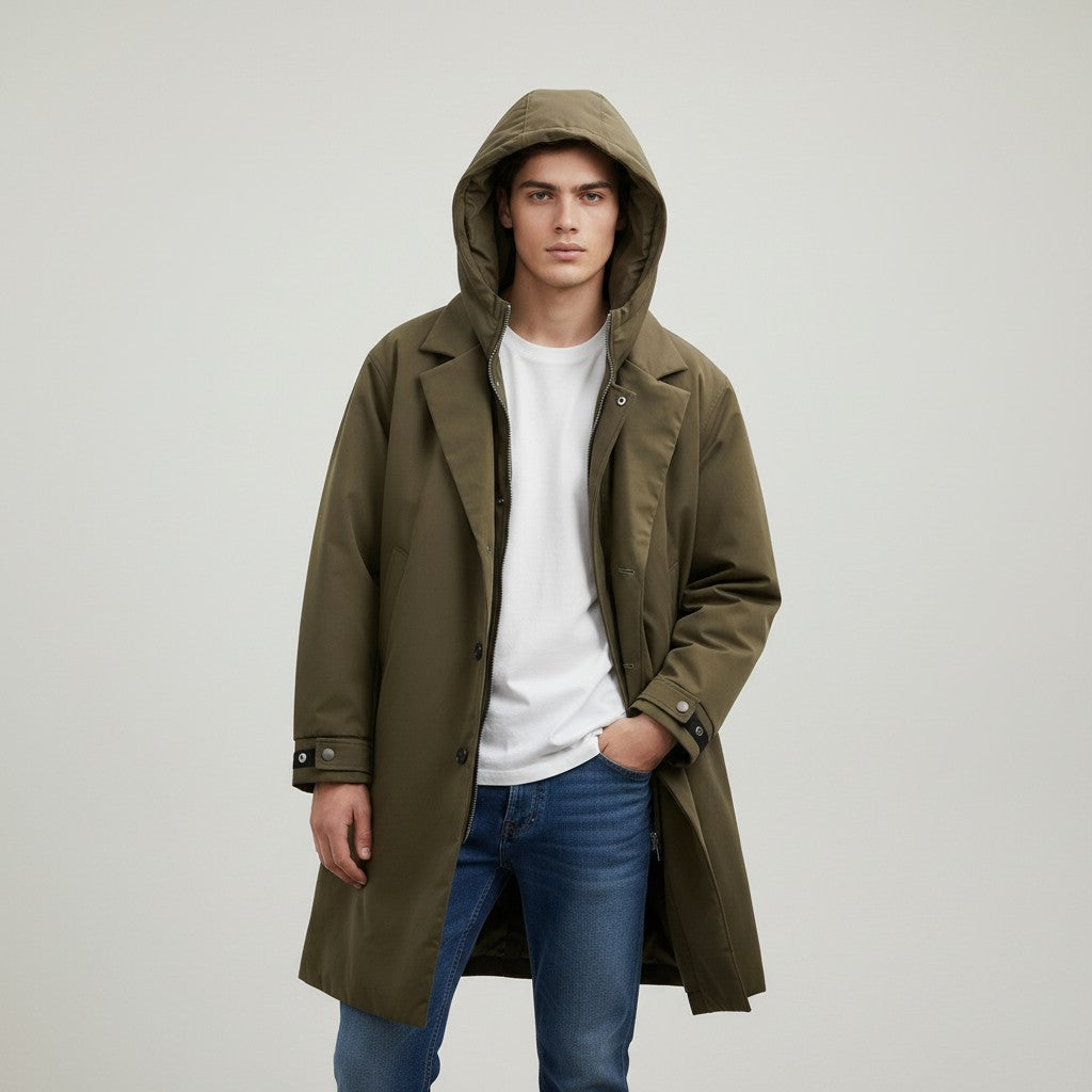 Men’s Long Hooded Puffer Trench Coat Insulated Winter Overcoat-Bon Voyage Vintage