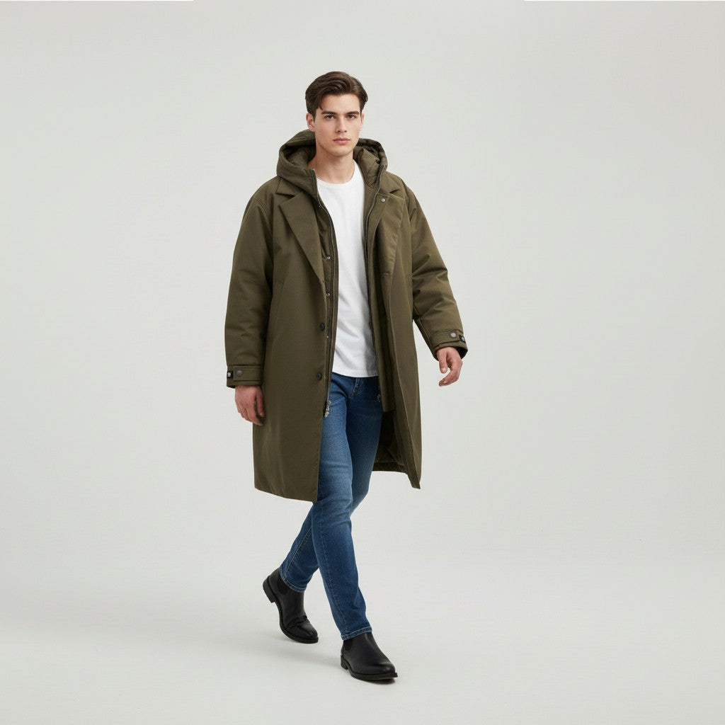 Men’s Long Hooded Puffer Trench Coat Insulated Winter Overcoat-Bon Voyage Vintage