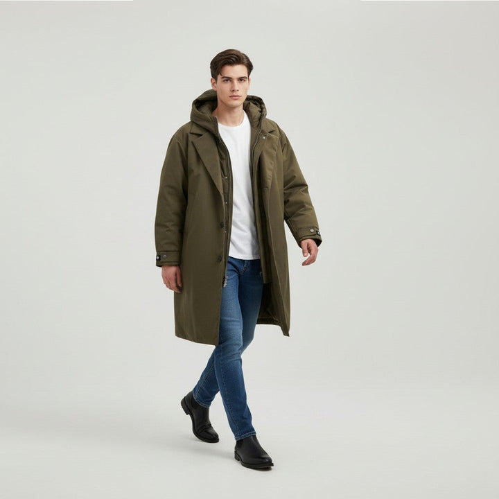 Men’s Long Hooded Puffer Trench Coat Insulated Winter Overcoat-Bon Voyage Vintage