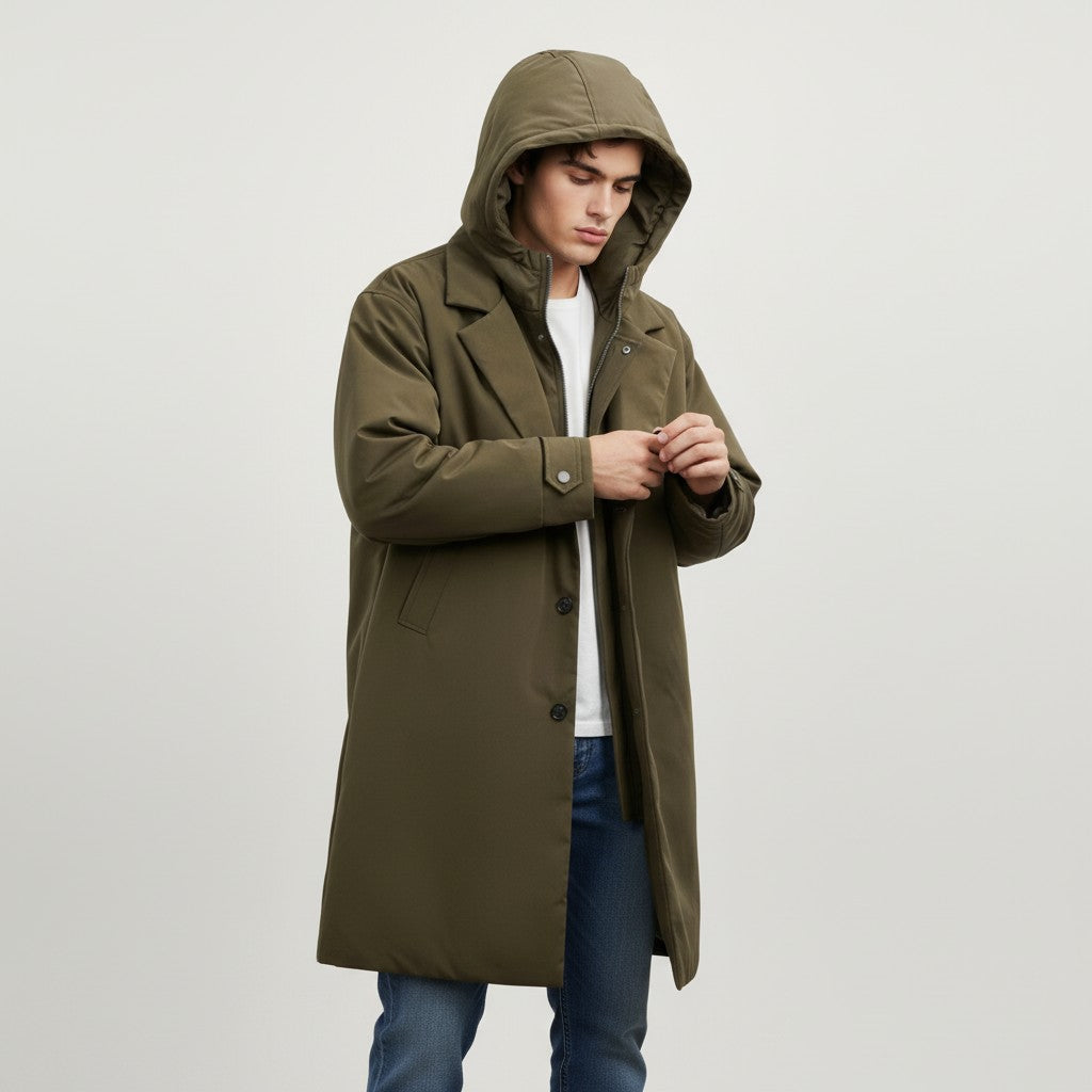 Men’s Long Hooded Puffer Trench Coat Insulated Winter Overcoat-Bon Voyage Vintage
