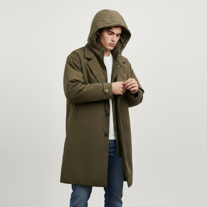 Men’s Long Hooded Puffer Trench Coat Insulated Winter Overcoat-Bon Voyage Vintage