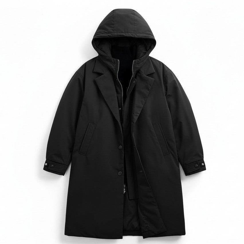 Men’s Long Hooded Puffer Trench Coat Insulated Winter Overcoat-Bon Voyage Vintage