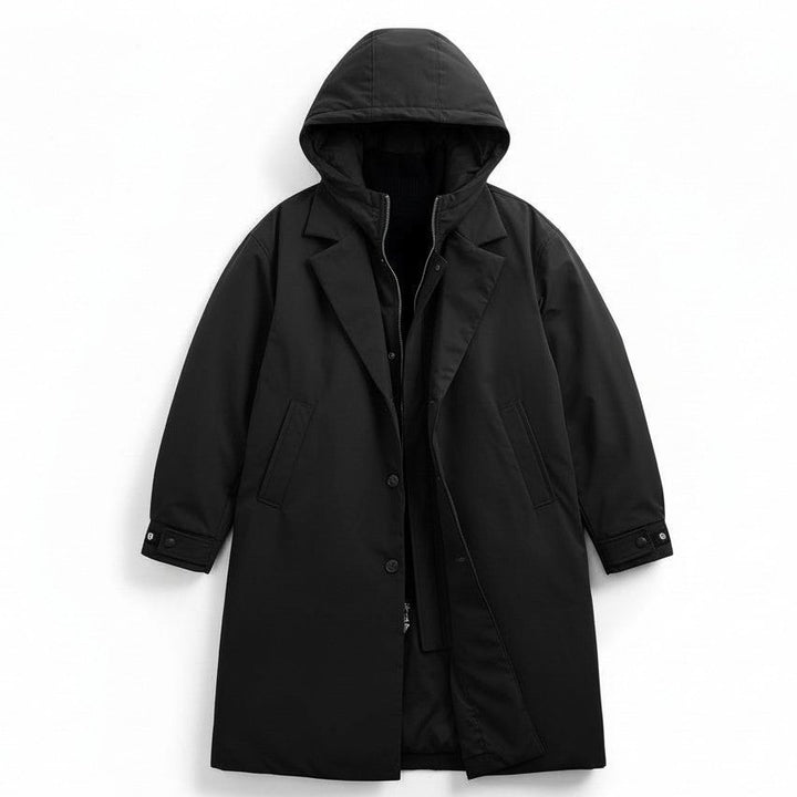 Men’s Long Hooded Puffer Trench Coat Insulated Winter Overcoat-Bon Voyage Vintage